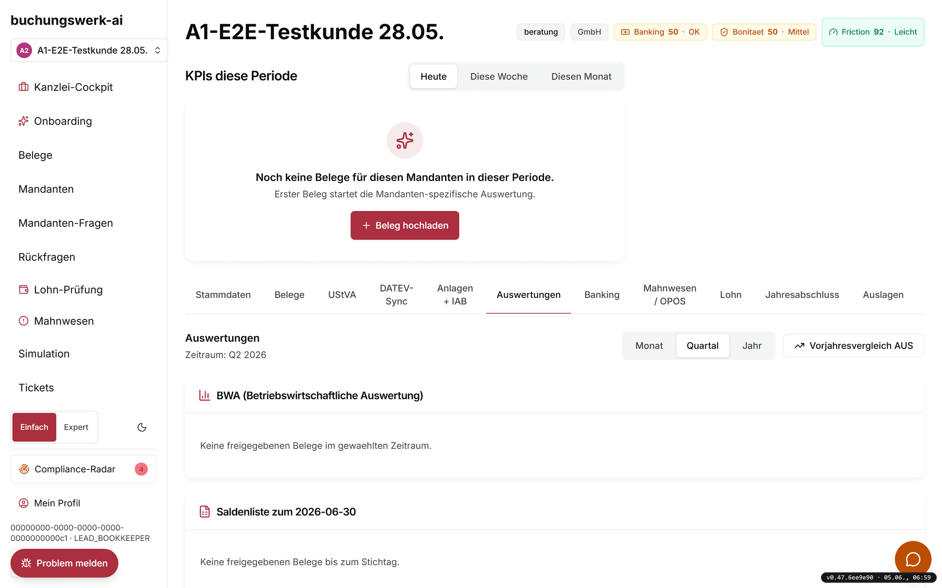 Auswertungen-Übersicht mit drei Tabs