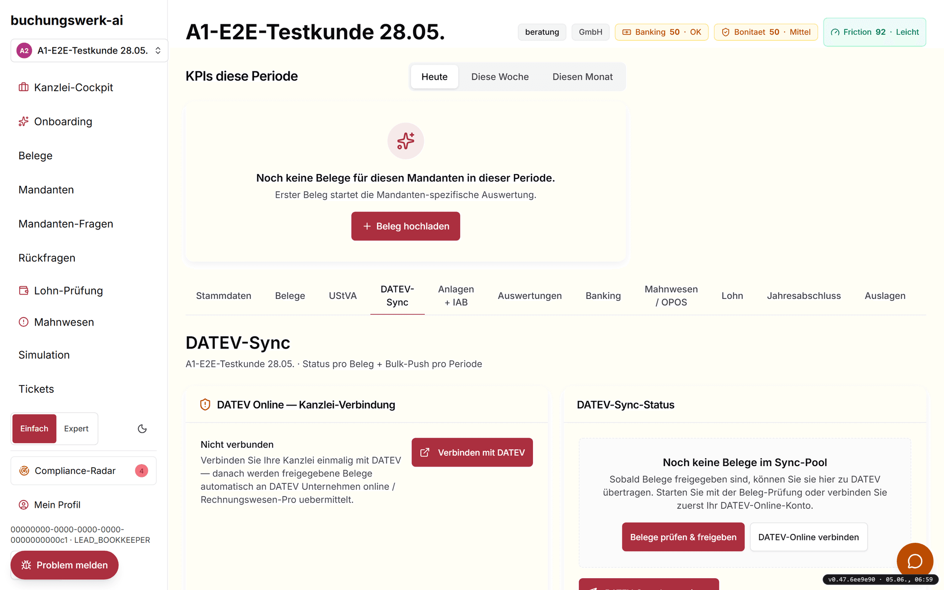 Export-Bereich mit DATEV-Kachel und Belegzahl