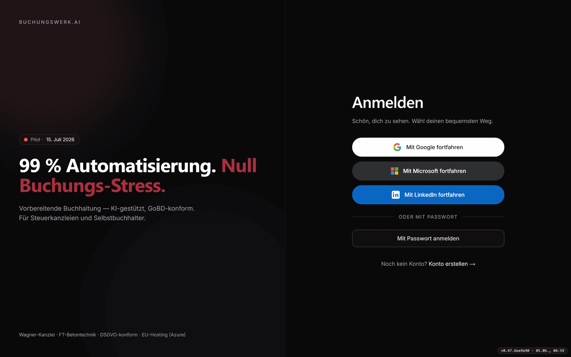 Login-Seite mit Magic-Link-Feld und SSO-Buttons