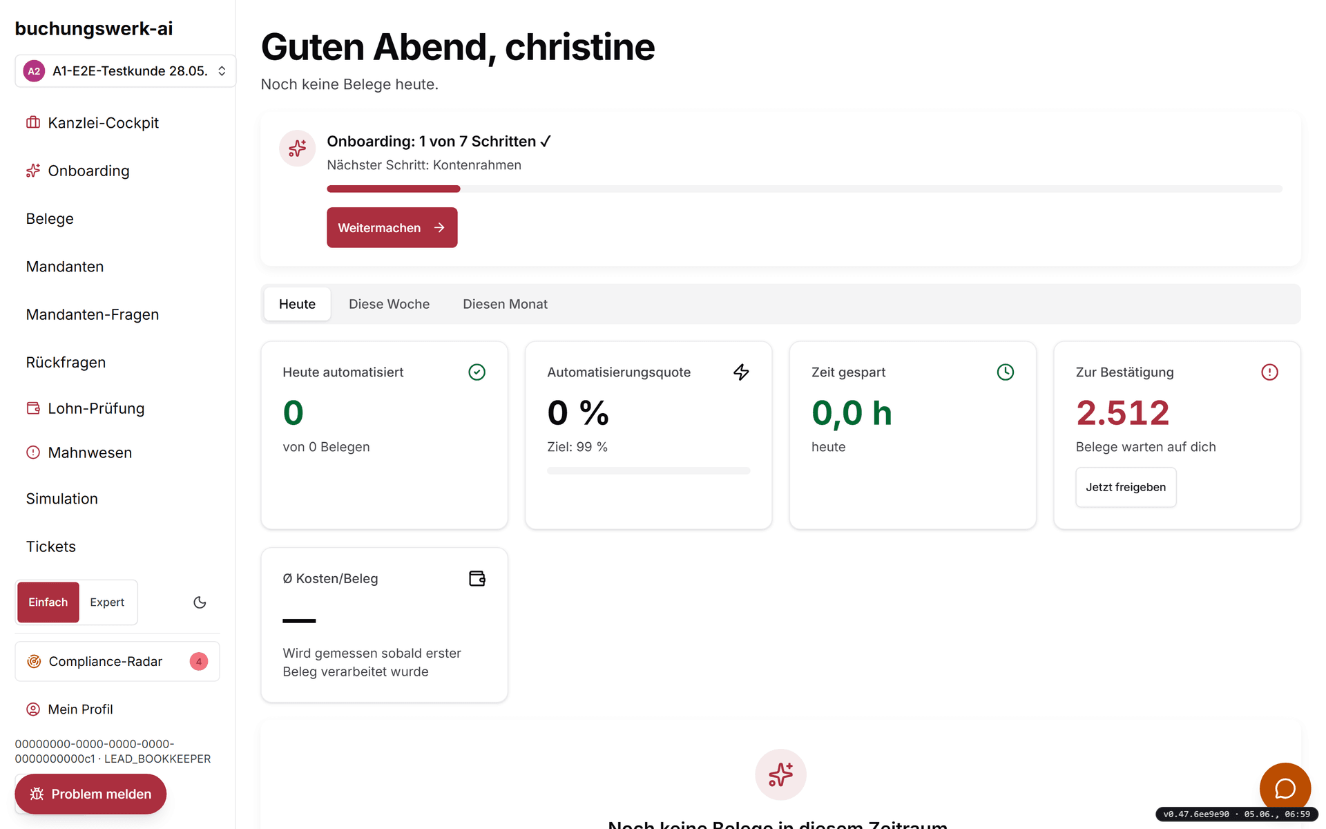 Dashboard mit Begrüßung und Onboarding-Hinweis