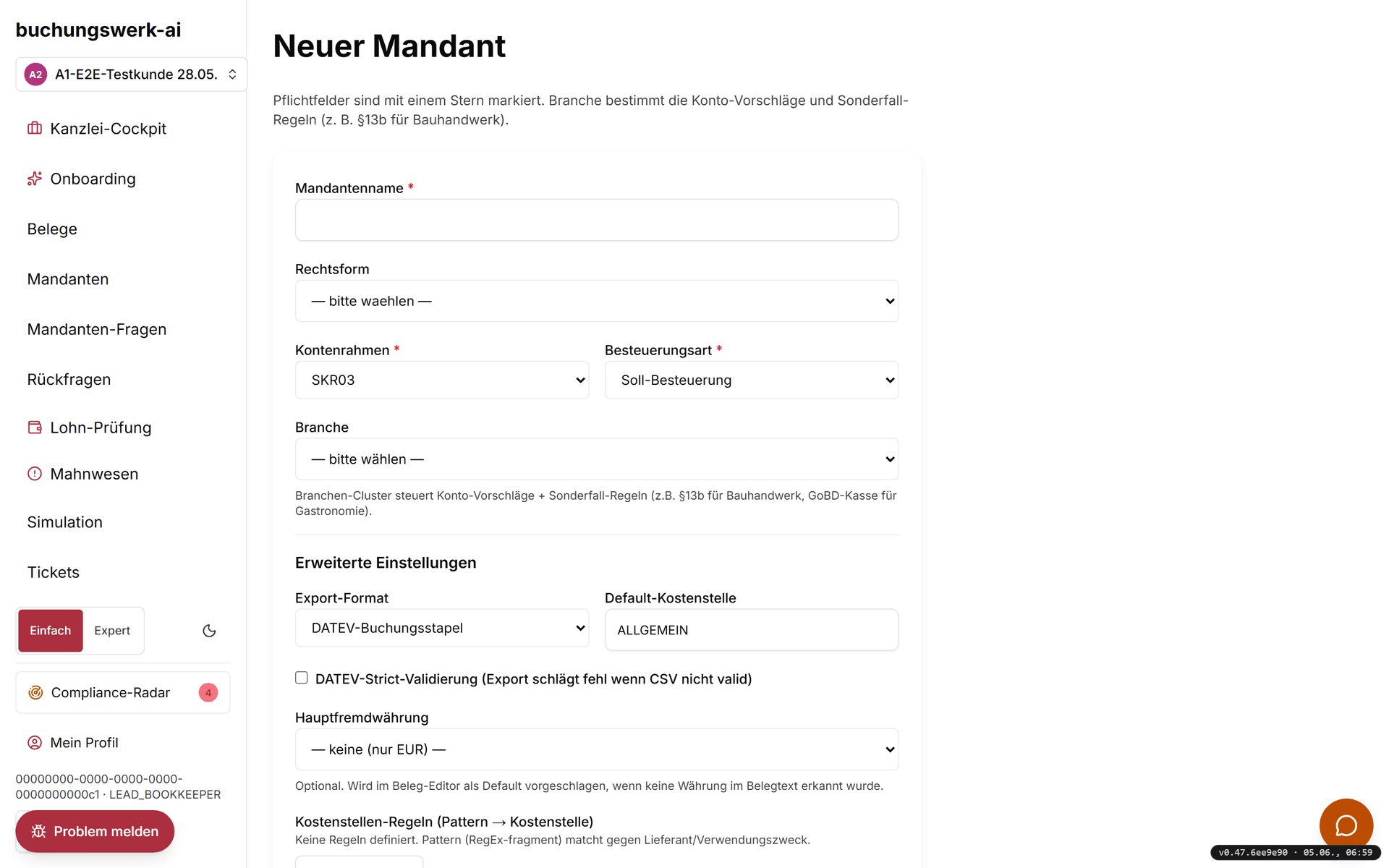 Onboarding-Agent Schritt 1 mit Firmenname-Feld